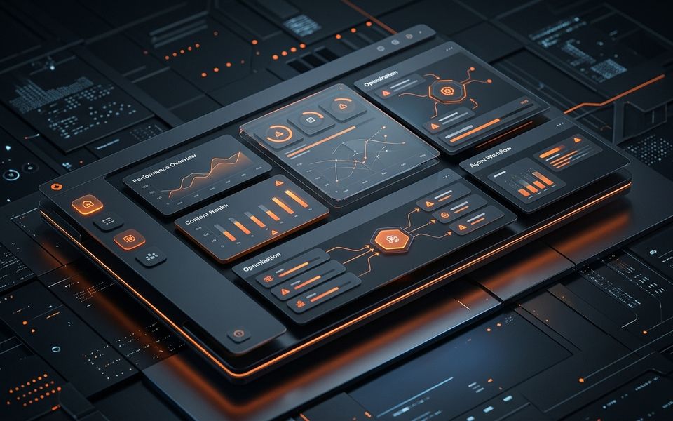 Dark SaaS-style content audit dashboard with orange analytics panels for agency website audits Dark SaaS-style content audit dashboard with orange analytics panels for agency website audits