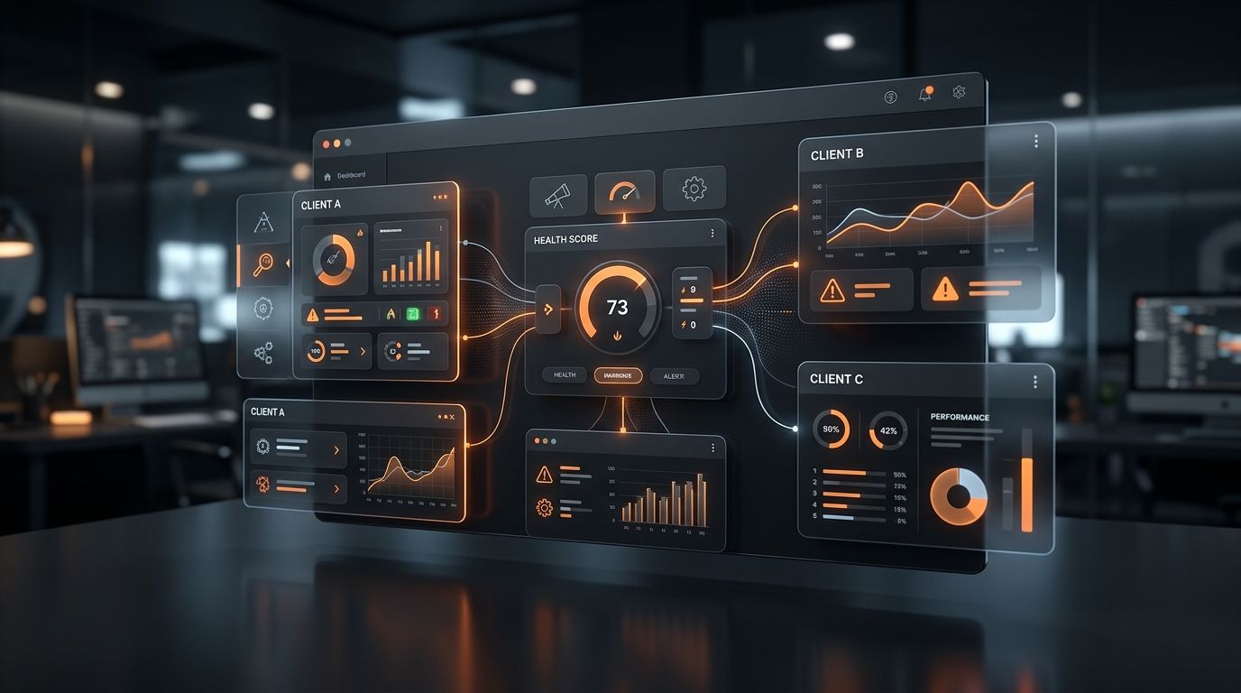 Abstract dark agency SEO audit dashboard with orange analytics panels and warning indicators