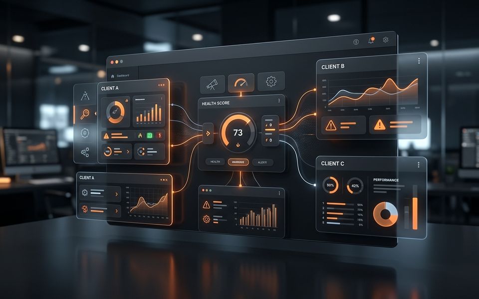 Abstract dark agency SEO audit dashboard with orange analytics panels and warning indicators Abstract dark agency SEO audit dashboard with orange analytics panels and warning indicators