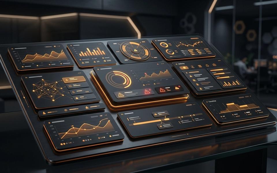Dark website credibility audit dashboard with glowing orange trust and conversion signal panels Dark website credibility audit dashboard with glowing orange trust and conversion signal panels