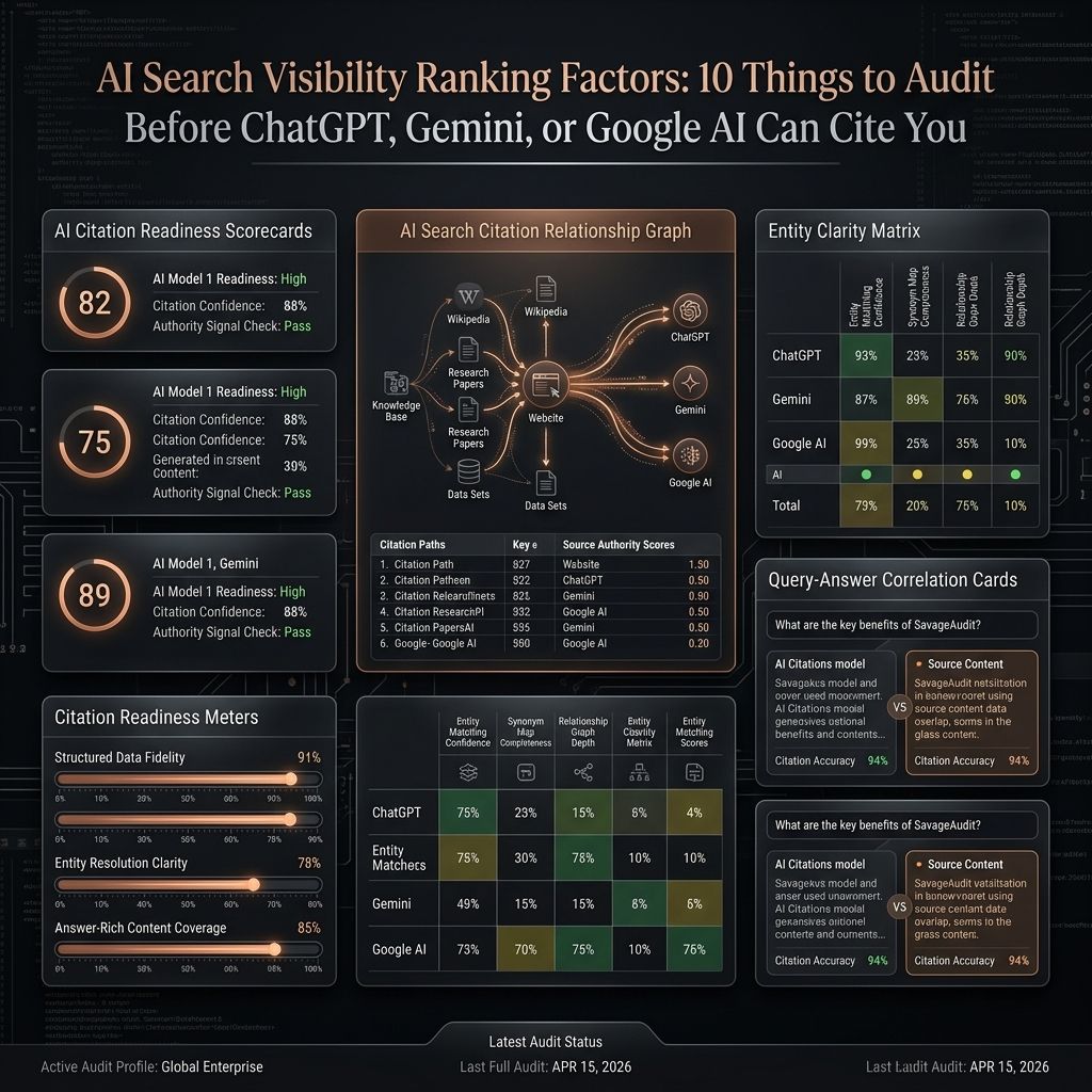 Premium futuristic SavageAudit dashboard showing AI search visibility ranking factors, citation graphs, entity scorecards, and answer readiness panels