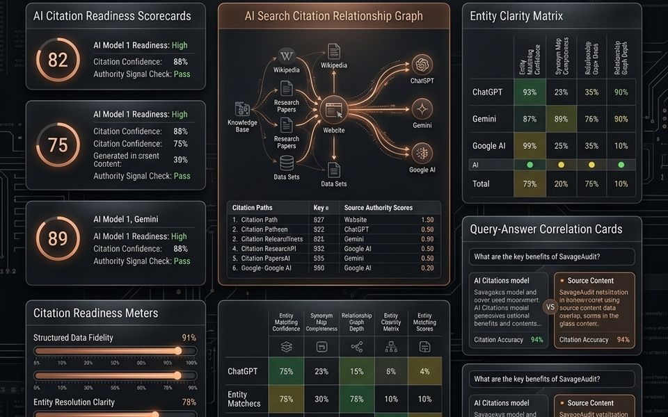 Premium futuristic SavageAudit dashboard showing AI search visibility ranking factors, citation graphs, entity scorecards, and answer readiness panels Premium futuristic SavageAudit dashboard showing AI search visibility ranking factors, citation graphs, entity scorecards, and answer readiness panels