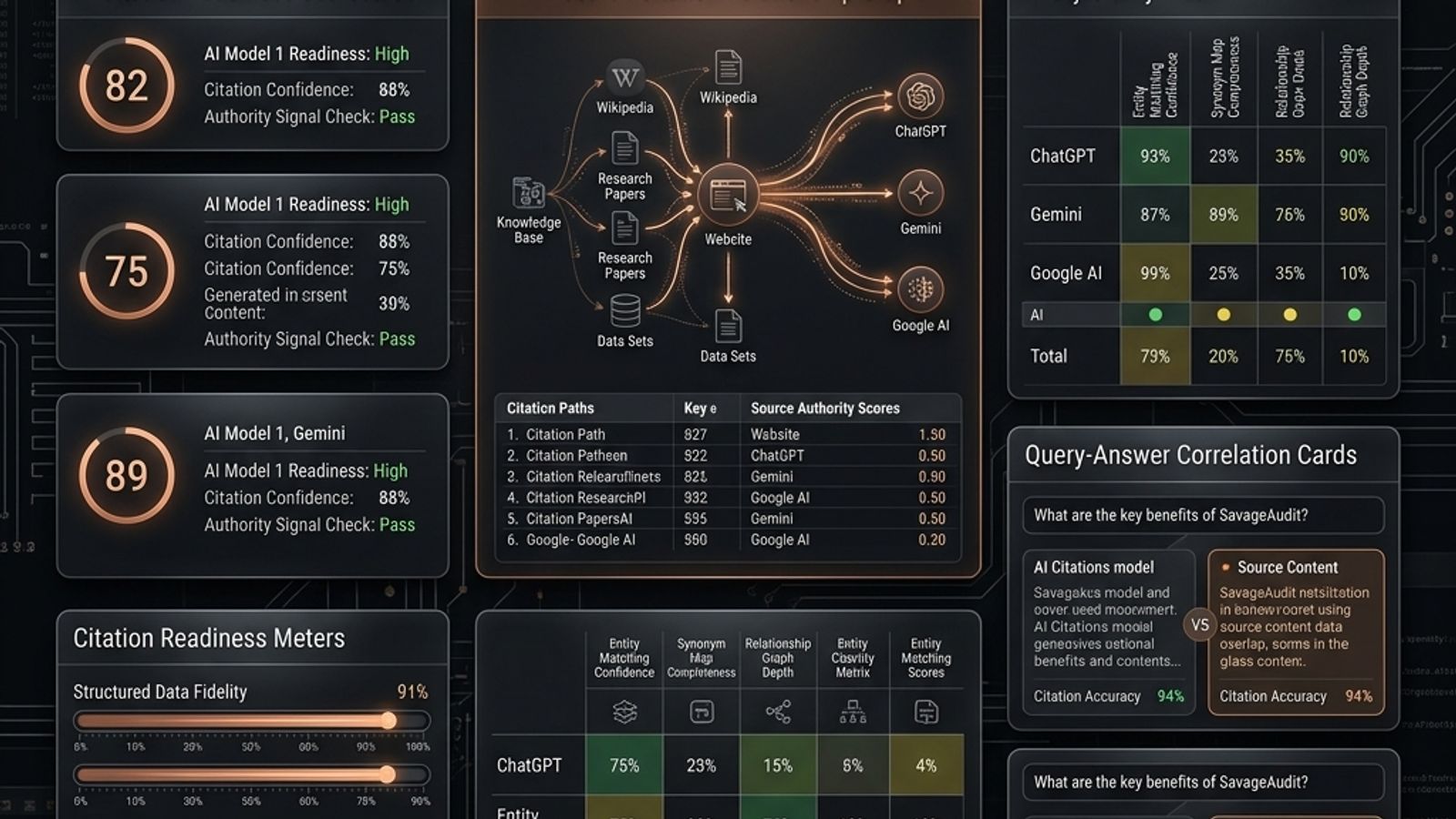 Premium futuristic SavageAudit dashboard showing AI search visibility ranking factors, citation graphs, entity scorecards, and answer readiness panels Premium futuristic SavageAudit dashboard showing AI search visibility ranking factors, citation graphs, entity scorecards, and answer readiness panels