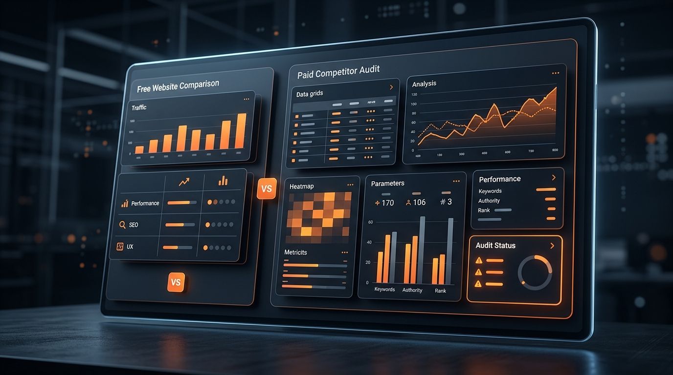Abstract dark competitor website comparison dashboard with orange audit panels