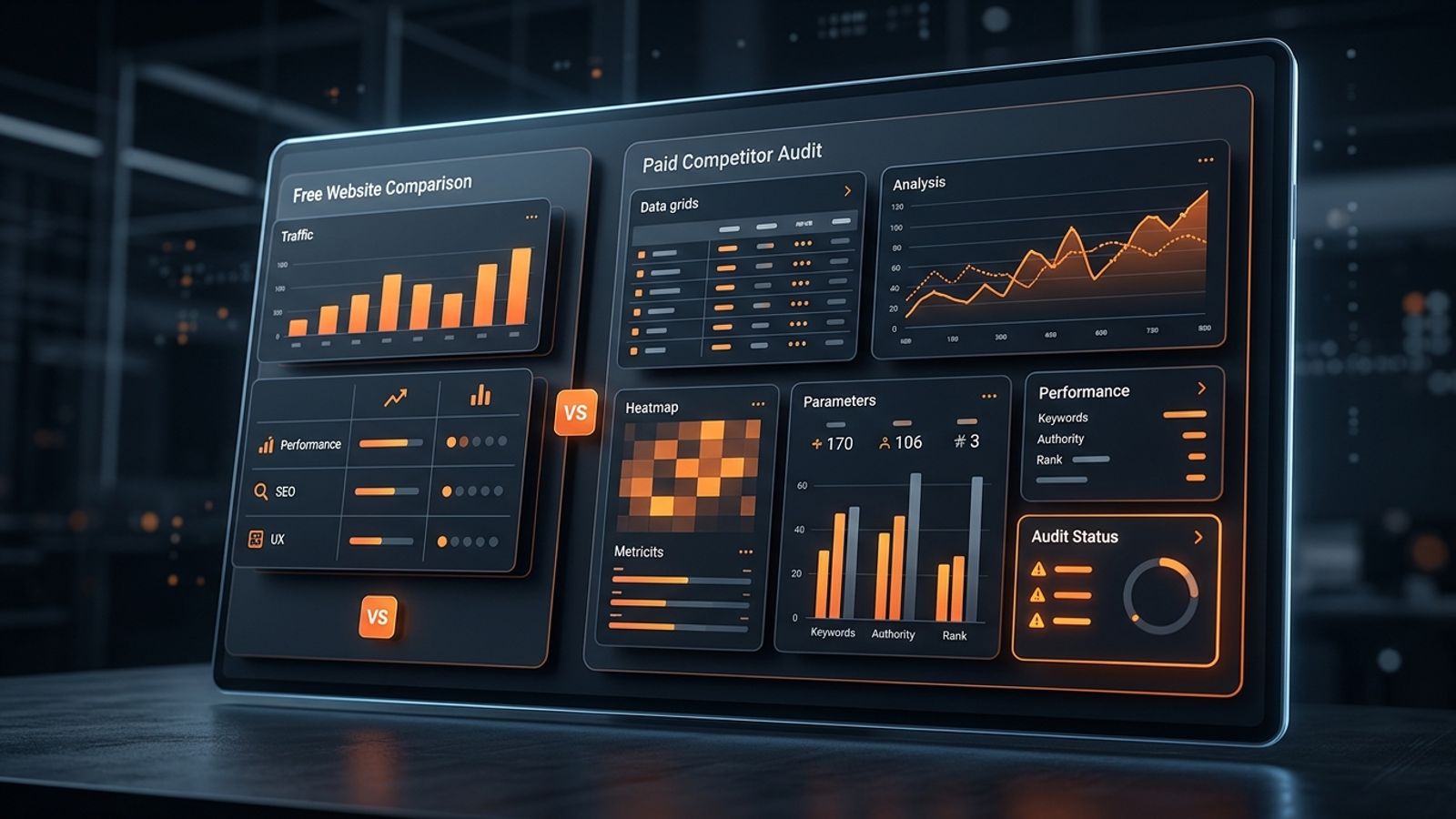 Abstract dark competitor website comparison dashboard with orange audit panels Abstract dark competitor website comparison dashboard with orange audit panels