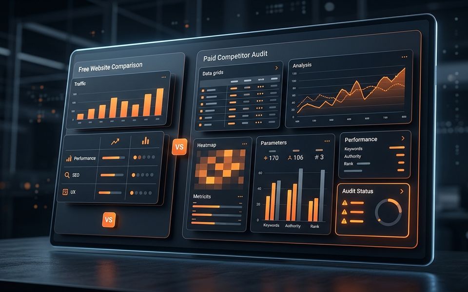 Abstract dark competitor website comparison dashboard with orange audit panels Abstract dark competitor website comparison dashboard with orange audit panels