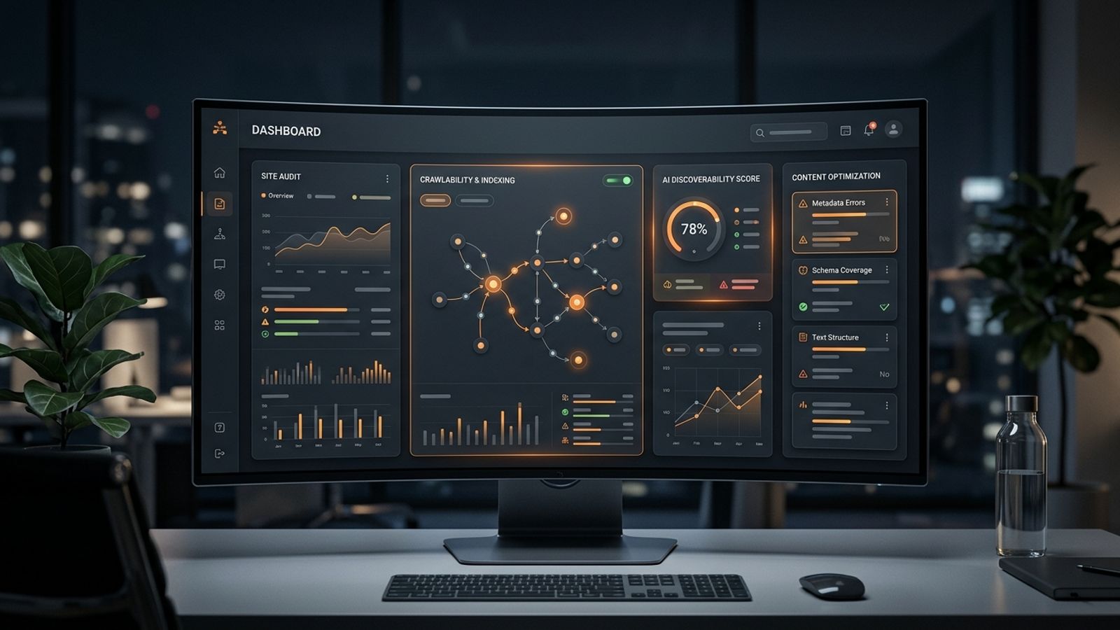 Abstract dark SaaS documentation audit dashboard with orange accents and AI discoverability panels Abstract dark SaaS documentation audit dashboard with orange accents and AI discoverability panels