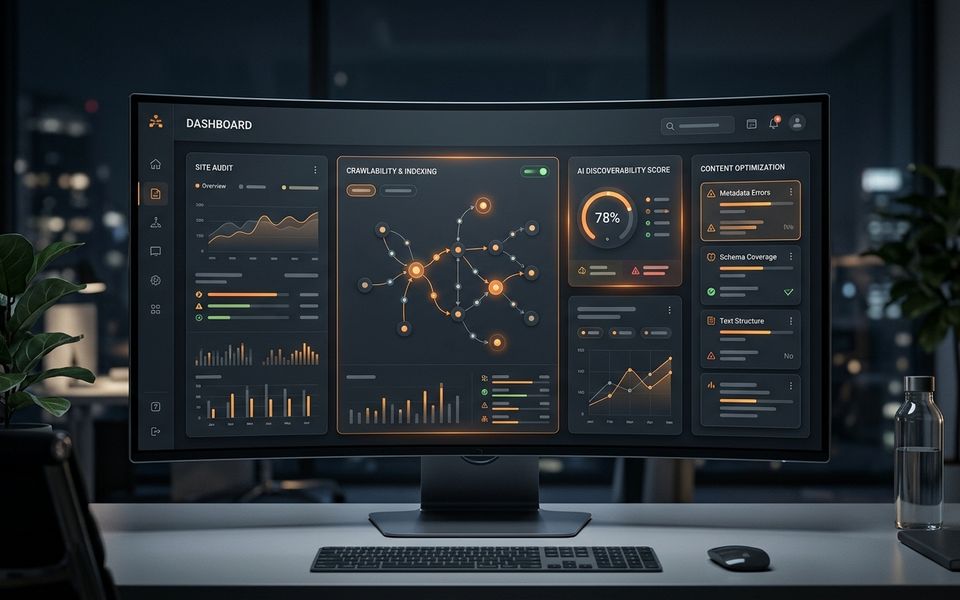 Abstract dark SaaS documentation audit dashboard with orange accents and AI discoverability panels Abstract dark SaaS documentation audit dashboard with orange accents and AI discoverability panels