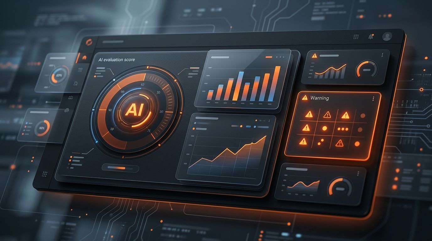 Abstract dark AI visibility audit dashboard with orange analytics panels and warning indicators