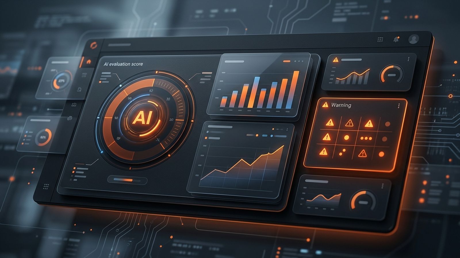 Abstract dark AI visibility audit dashboard with orange analytics panels and warning indicators Abstract dark AI visibility audit dashboard with orange analytics panels and warning indicators