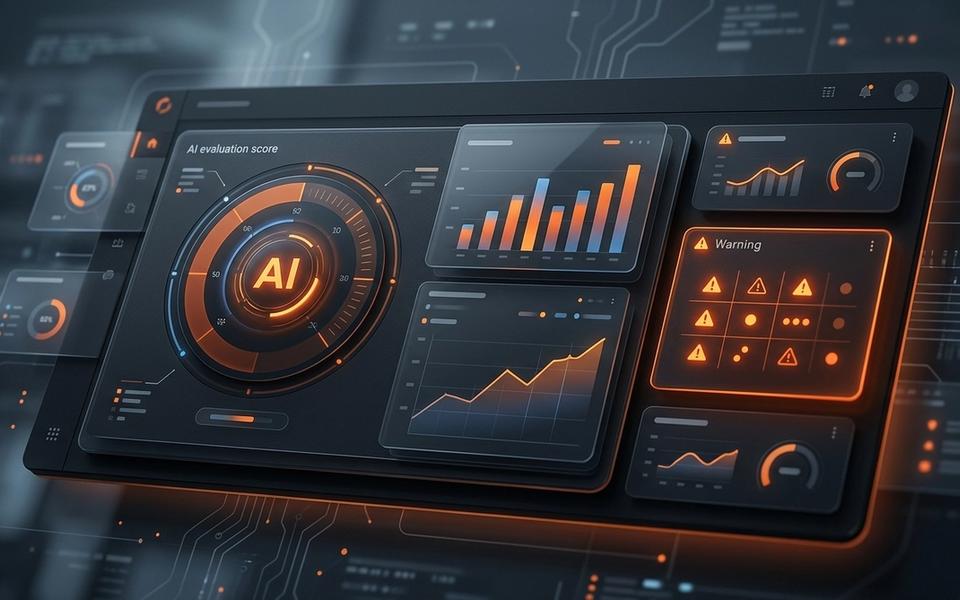 Abstract dark AI visibility audit dashboard with orange analytics panels and warning indicators Abstract dark AI visibility audit dashboard with orange analytics panels and warning indicators