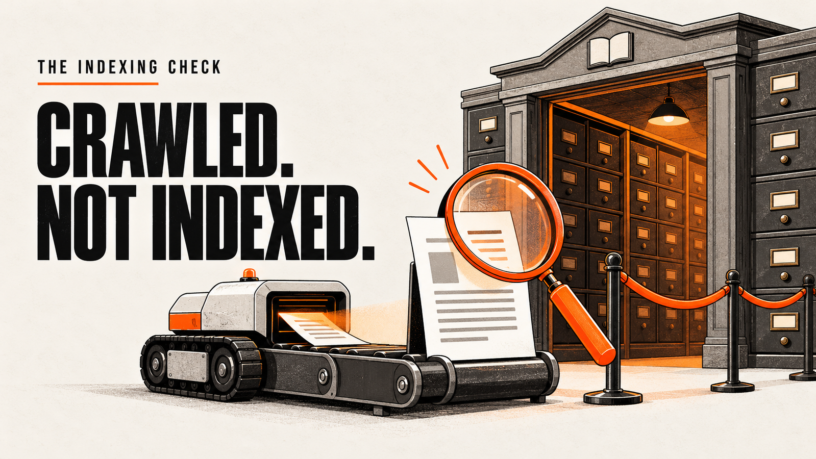An orange magnifying glass inspects a crawled page waiting outside an index cabinet.
