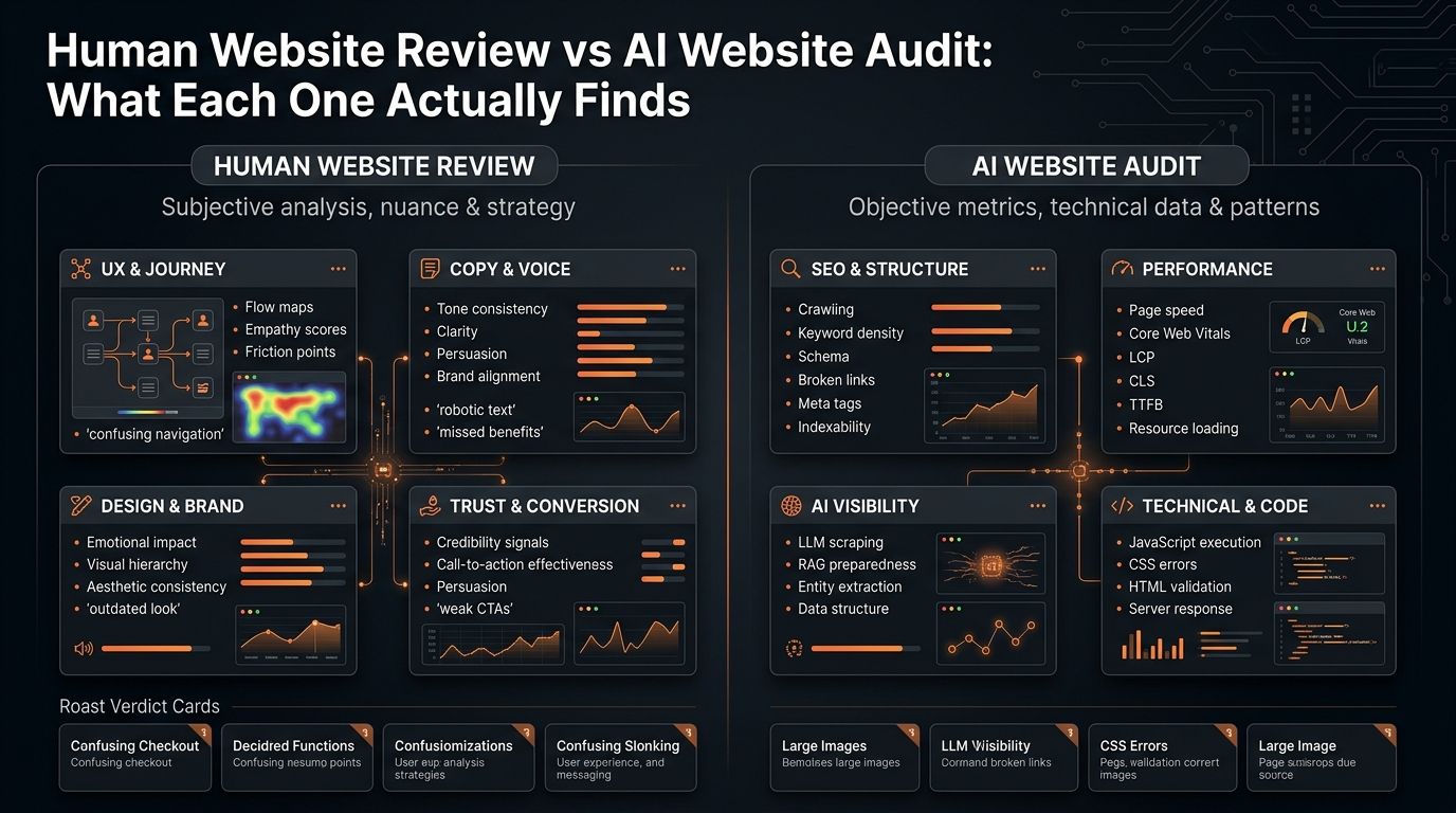 Dark SavageAudit dashboard comparing human website review and AI website audit signals.