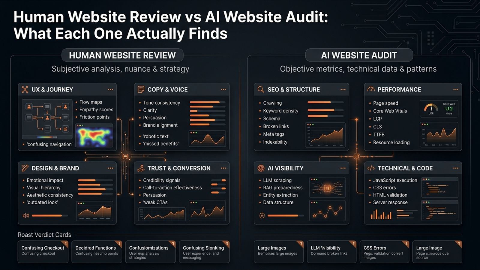 Dark SavageAudit dashboard comparing human website review and AI website audit signals. Dark SavageAudit dashboard comparing human website review and AI website audit signals.