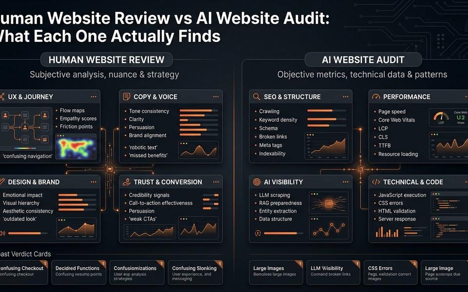 Dark SavageAudit dashboard comparing human website review and AI website audit signals. Dark SavageAudit dashboard comparing human website review and AI website audit signals.
