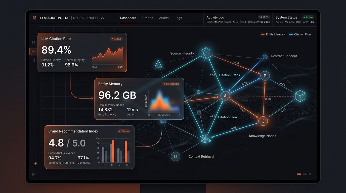 Dark minimalist LLM visibility audit dashboard showing neural network knowledge graph, AI citation rate metrics, and entity memory recall status
