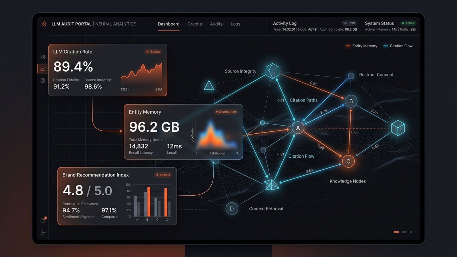 Dark minimalist LLM visibility audit dashboard showing neural network knowledge graph, AI citation rate metrics, and entity memory recall status Dark minimalist LLM visibility audit dashboard showing neural network knowledge graph, AI citation rate metrics, and entity memory recall status