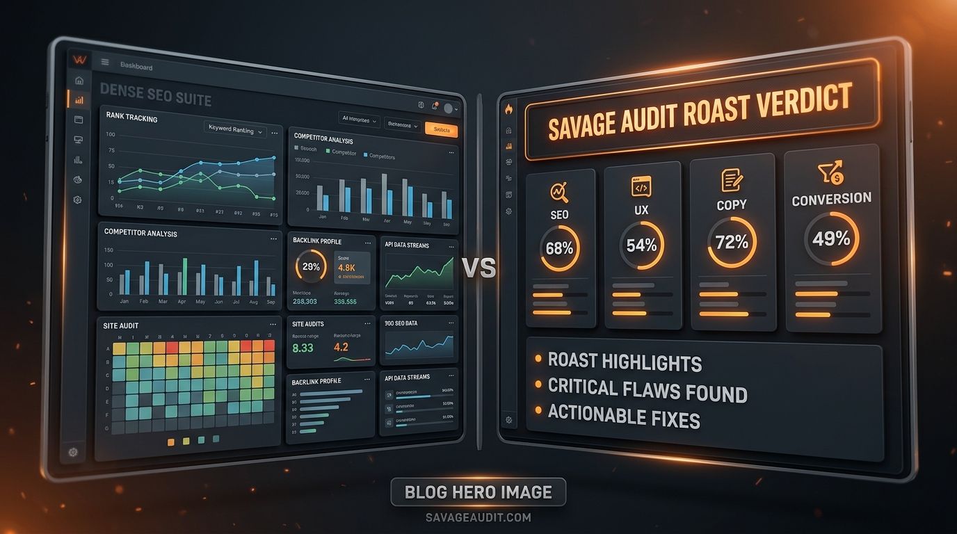 Dark orange dashboard comparing a full SEO suite with a SavageAudit website roast verdict.