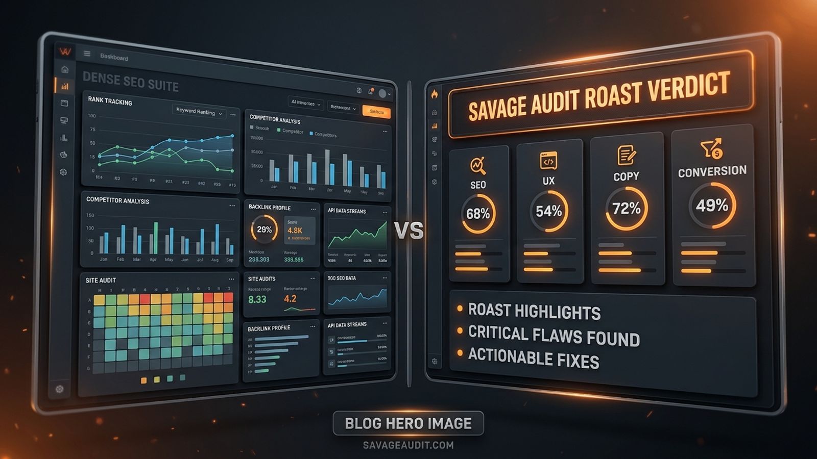 Dark orange dashboard comparing a full SEO suite with a SavageAudit website roast verdict. Dark orange dashboard comparing a full SEO suite with a SavageAudit website roast verdict.
