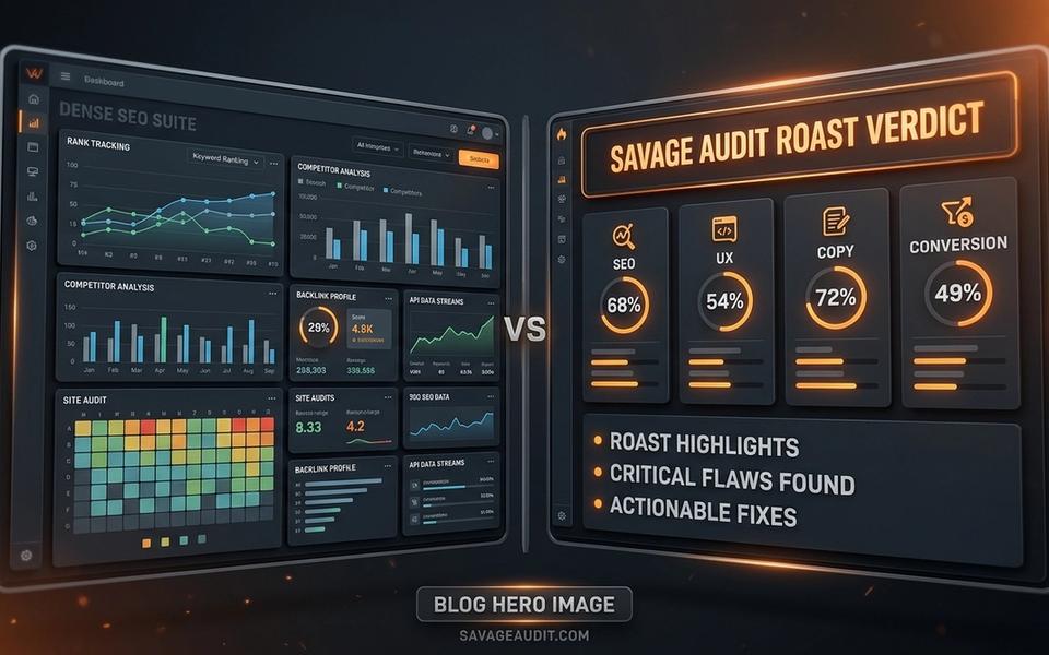 Dark orange dashboard comparing a full SEO suite with a SavageAudit website roast verdict. Dark orange dashboard comparing a full SEO suite with a SavageAudit website roast verdict.