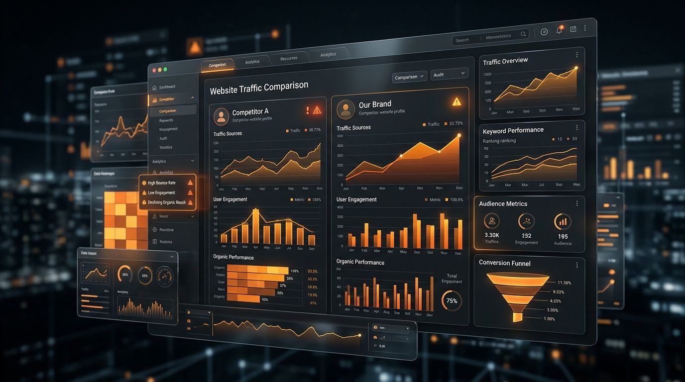 Abstract dark dashboard comparing competitor website traffic and audit signals