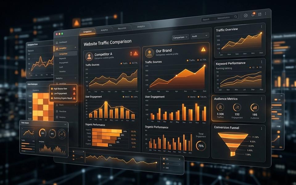 Abstract dark dashboard comparing competitor website traffic and audit signals Abstract dark dashboard comparing competitor website traffic and audit signals
