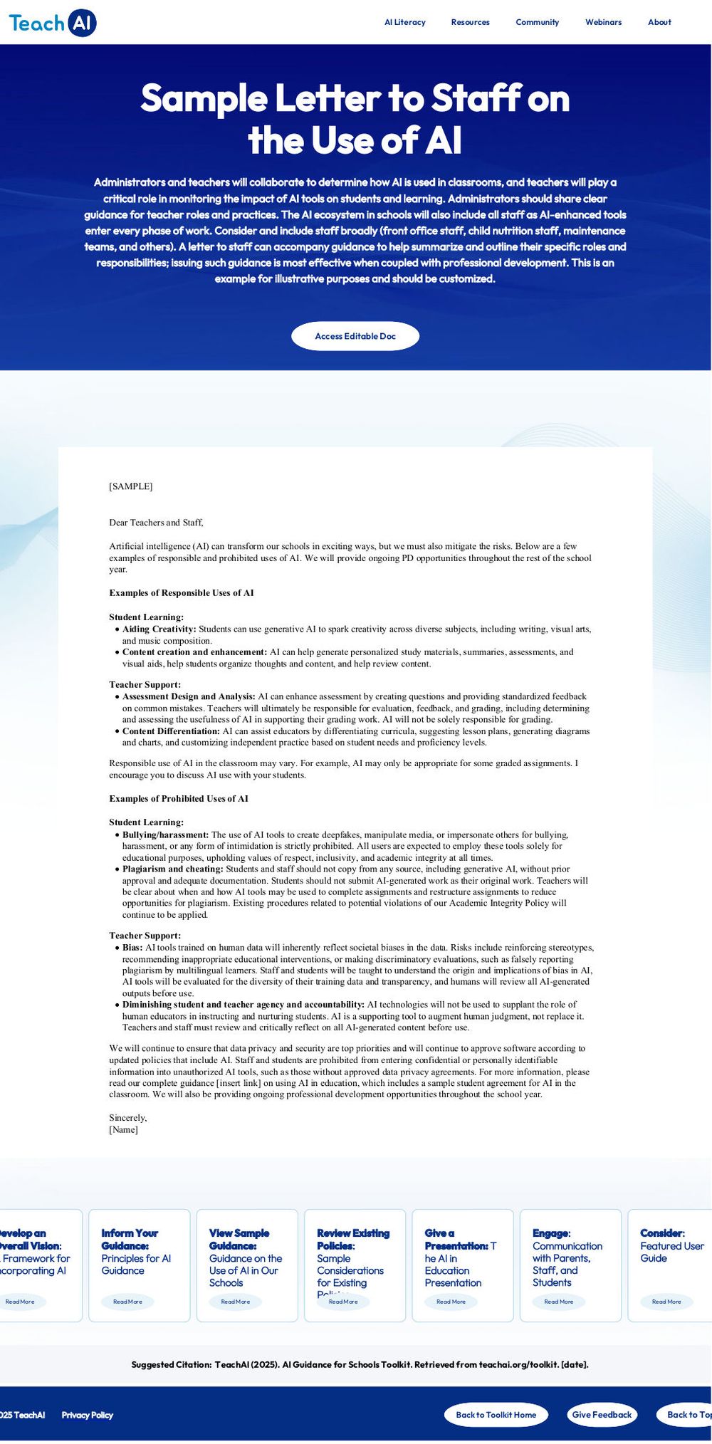 Screenshot of Sample Letter to Staff on AI Use