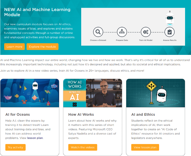 Screenshot of Learn About AI at Code.org