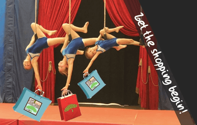 Laurewood Campers doing Gymnastics holding Laurelwood Shopping Bags