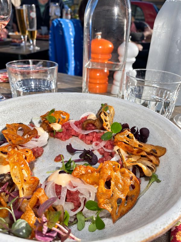 Råbiff med friterade rotfruktschips och örter på keramiktallrik, Jespers