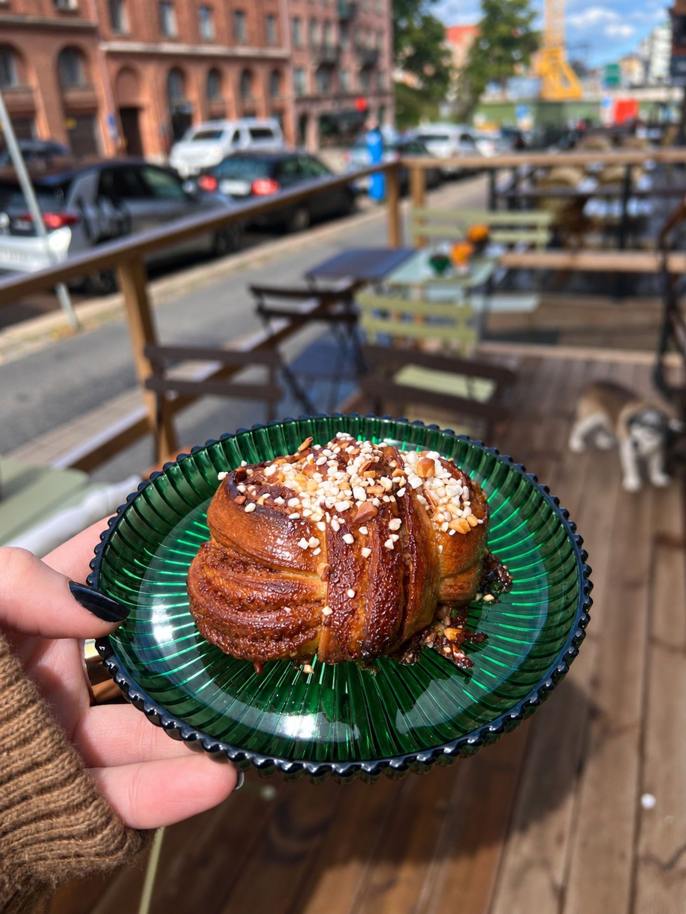 Kanelbulle med pärlsocker på grönt glasfat framför uteserveringen, Sol