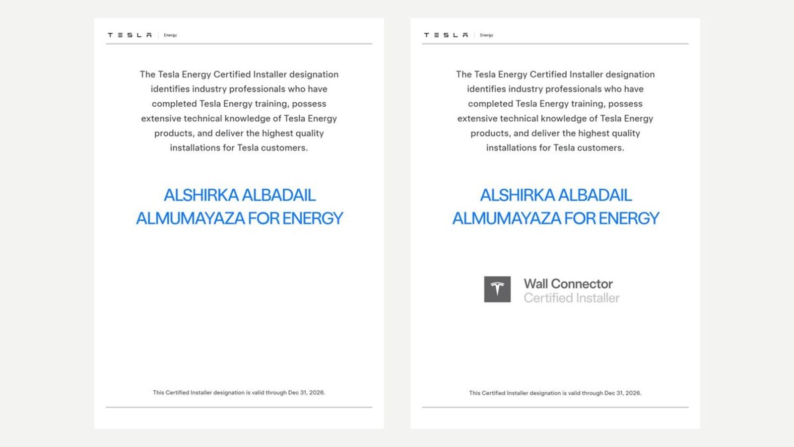 شهادتا اعتماد Tesla Energy Certified Installer و Wall Connector Certified Installer لكلايمتك لعام 2026