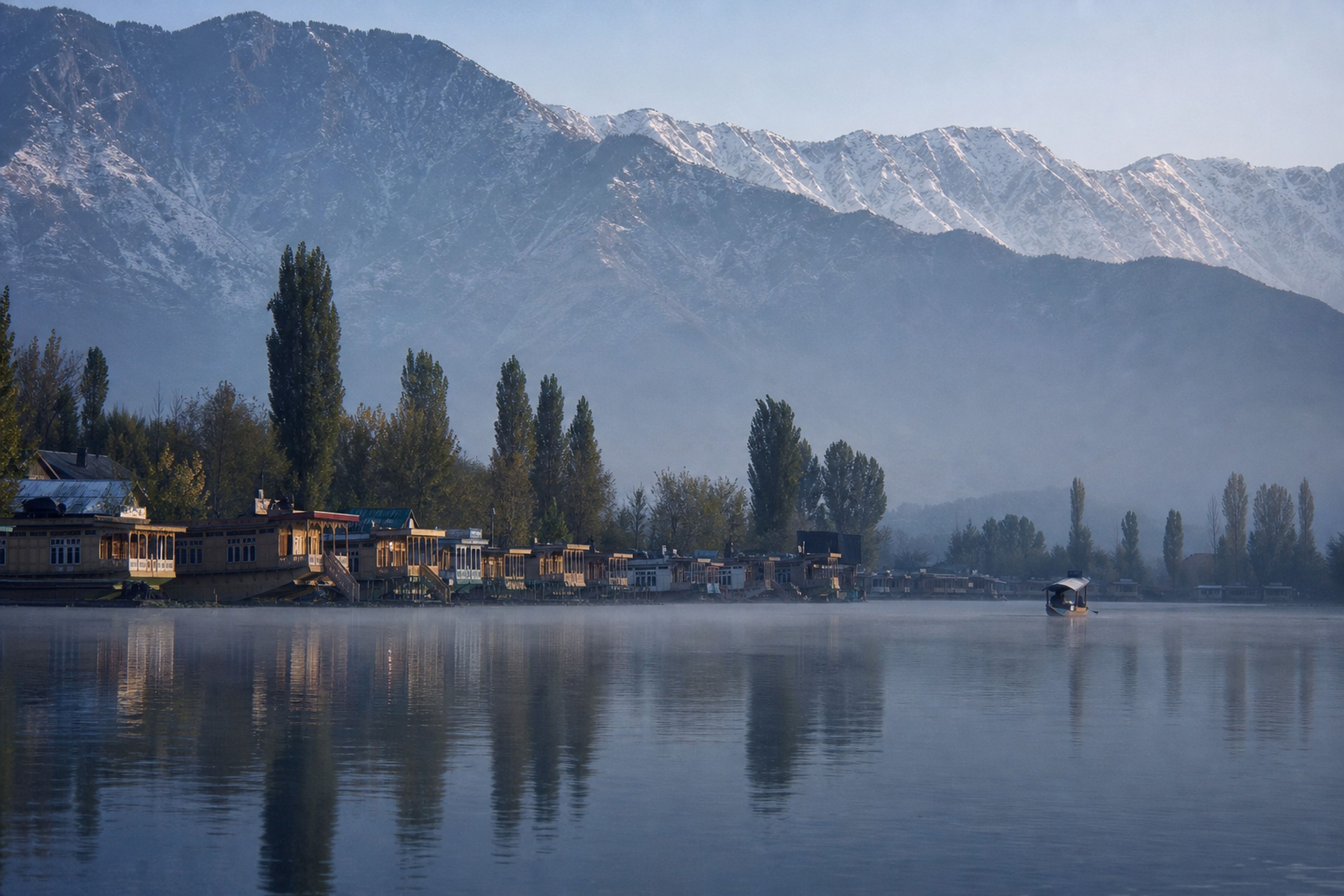A shikara on Dal Lake beneath Kashmir's foothills at first light