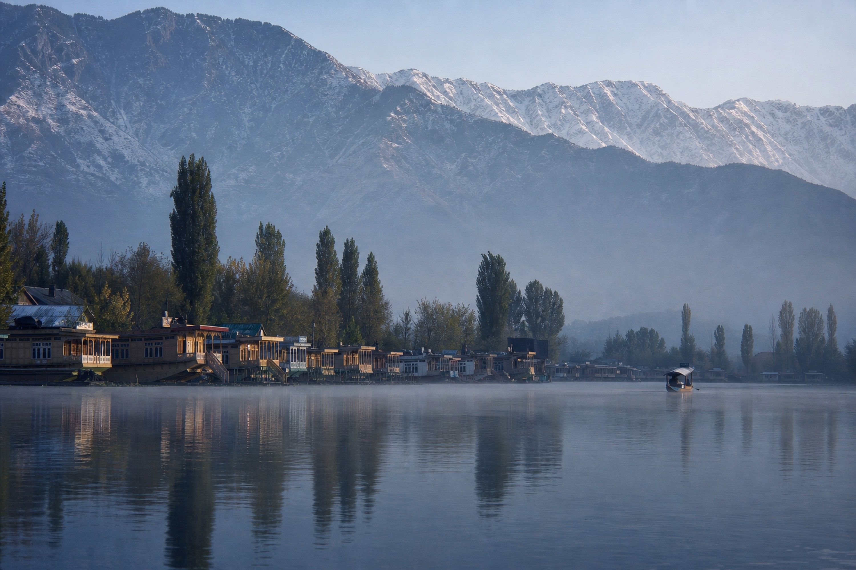 A shikara on Dal Lake beneath Kashmir's foothills at first light