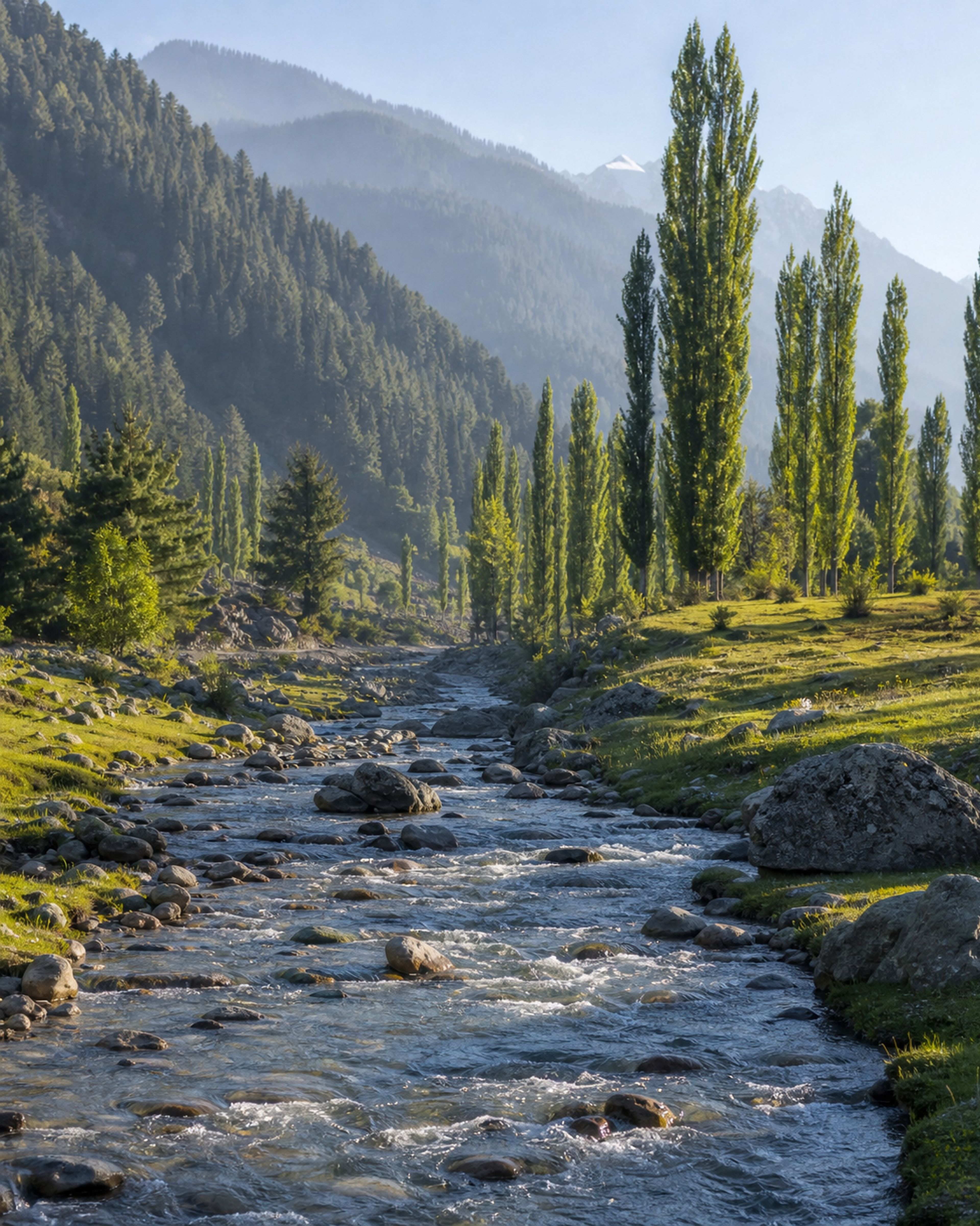 A clear river flowing through a Pahalgam meadow in Kashmir