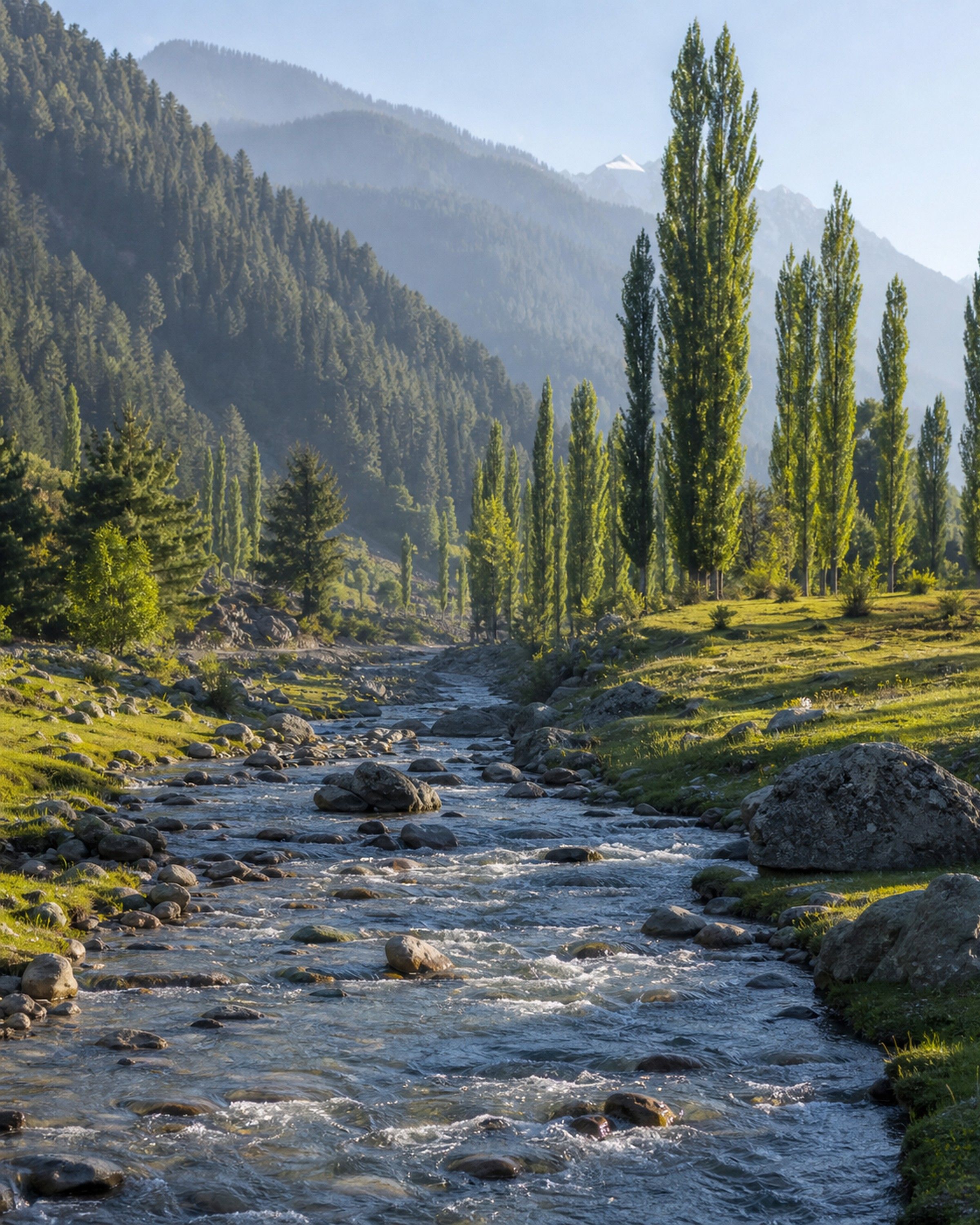 A clear river flowing through a Pahalgam meadow in Kashmir