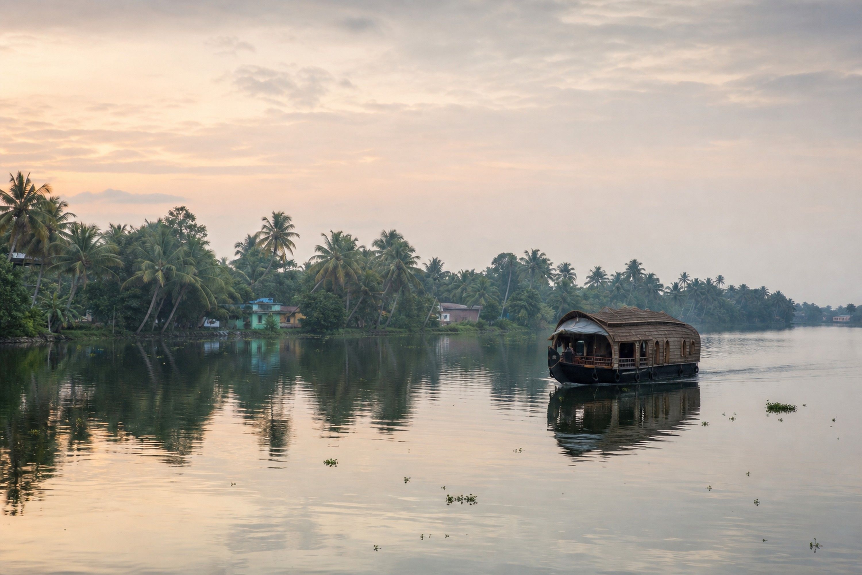 A traditional houseboat moving through Kerala's backwaters at dawn