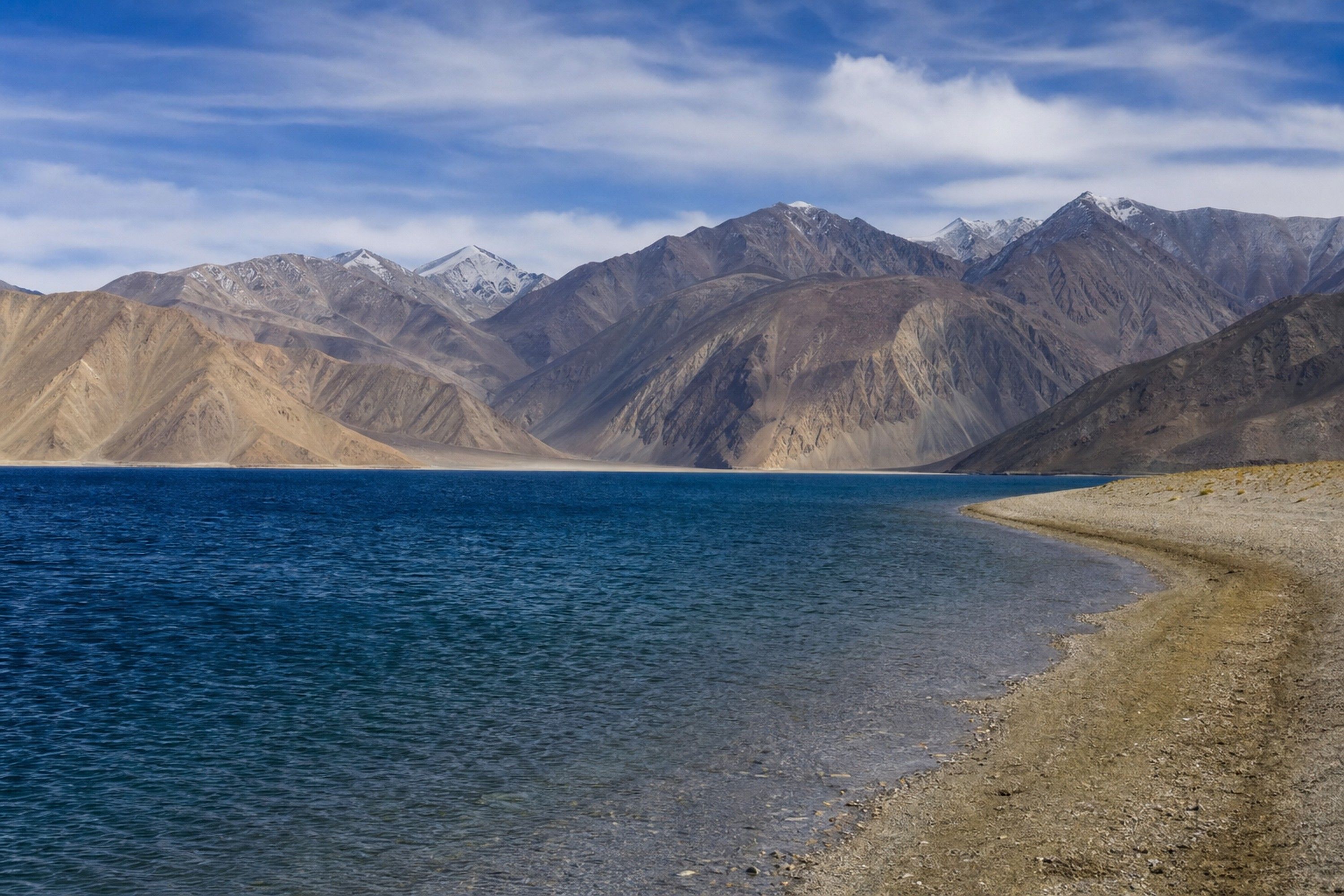 Pangong Tso and the layered high-altitude mountains of Ladakh