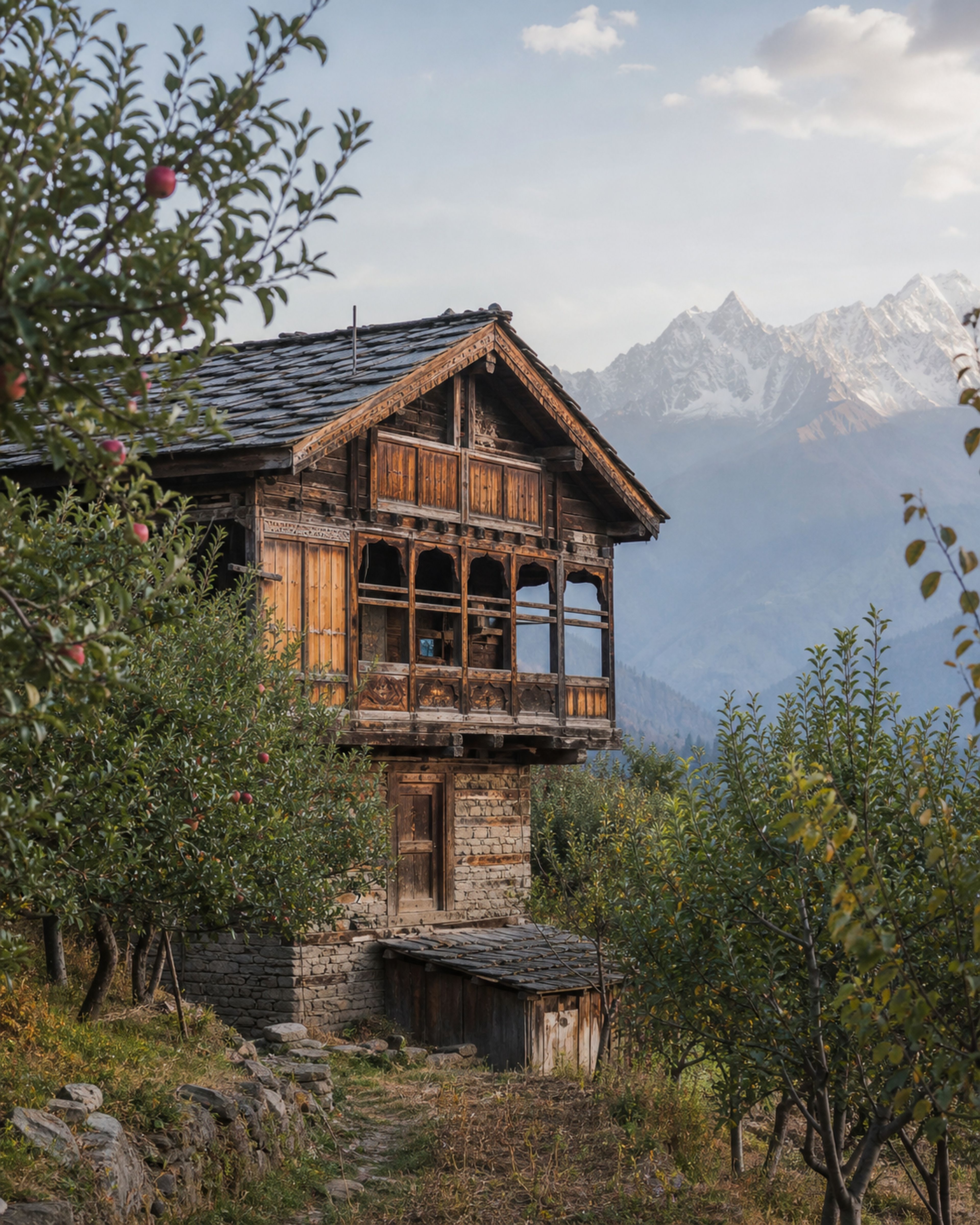 A traditional home among apple trees in Himachal Pradesh's Kinnaur region