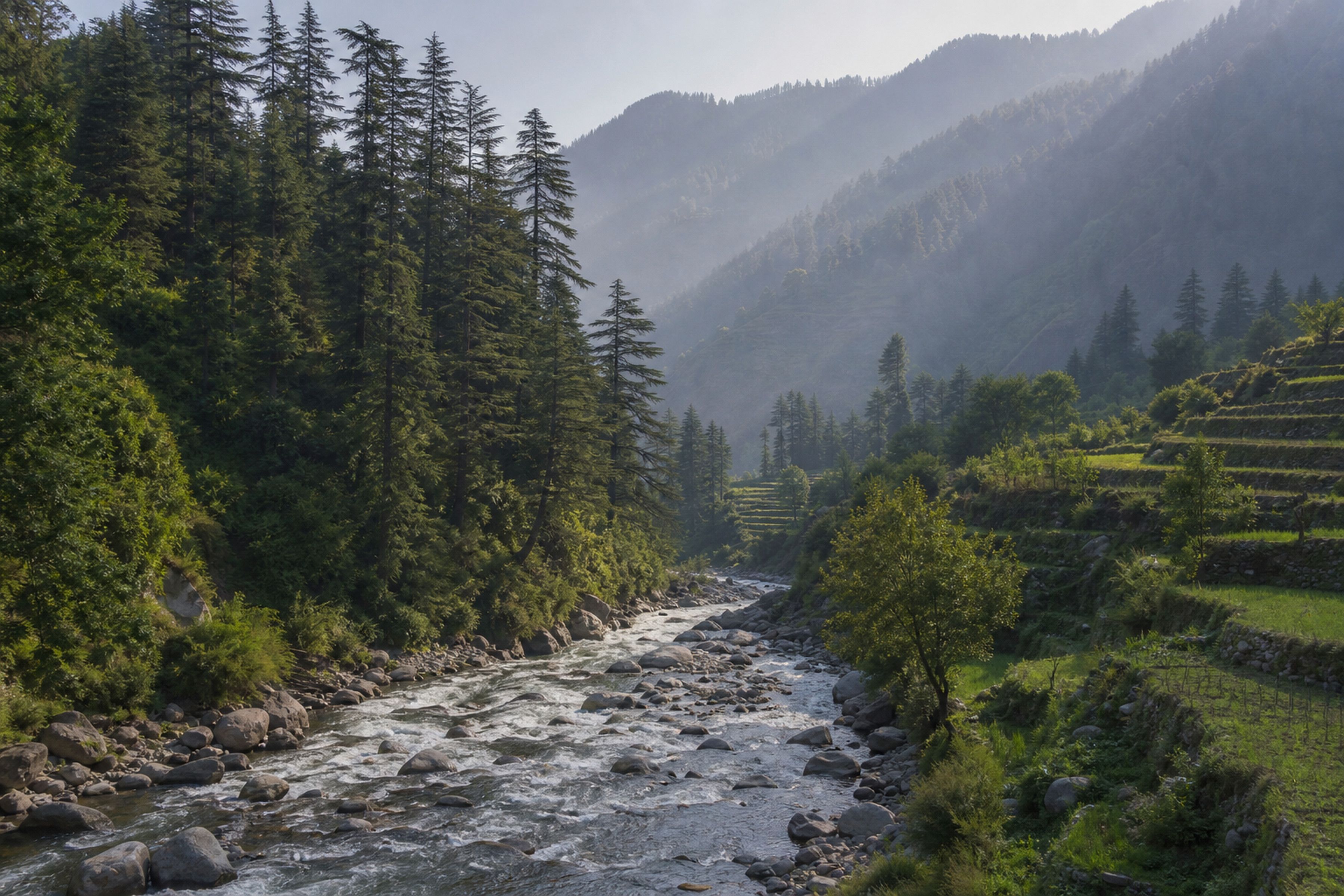 A clear river in the cedar-lined Tirthan Valley of Himachal Pradesh