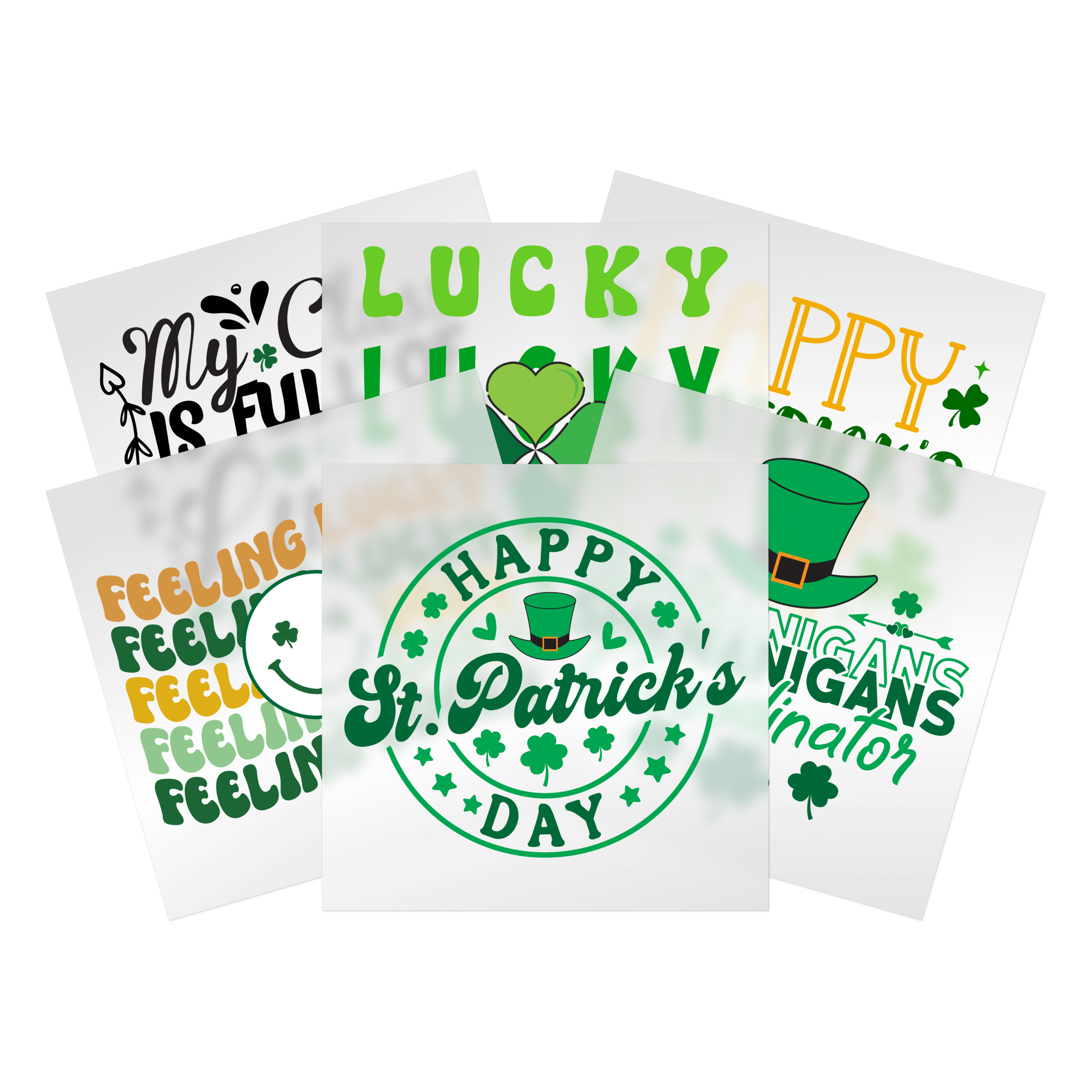 St. Patrick's Day DTF transfer collection with shamrocks, leprechaun hats, Irish messaging in green - ready to press transfers