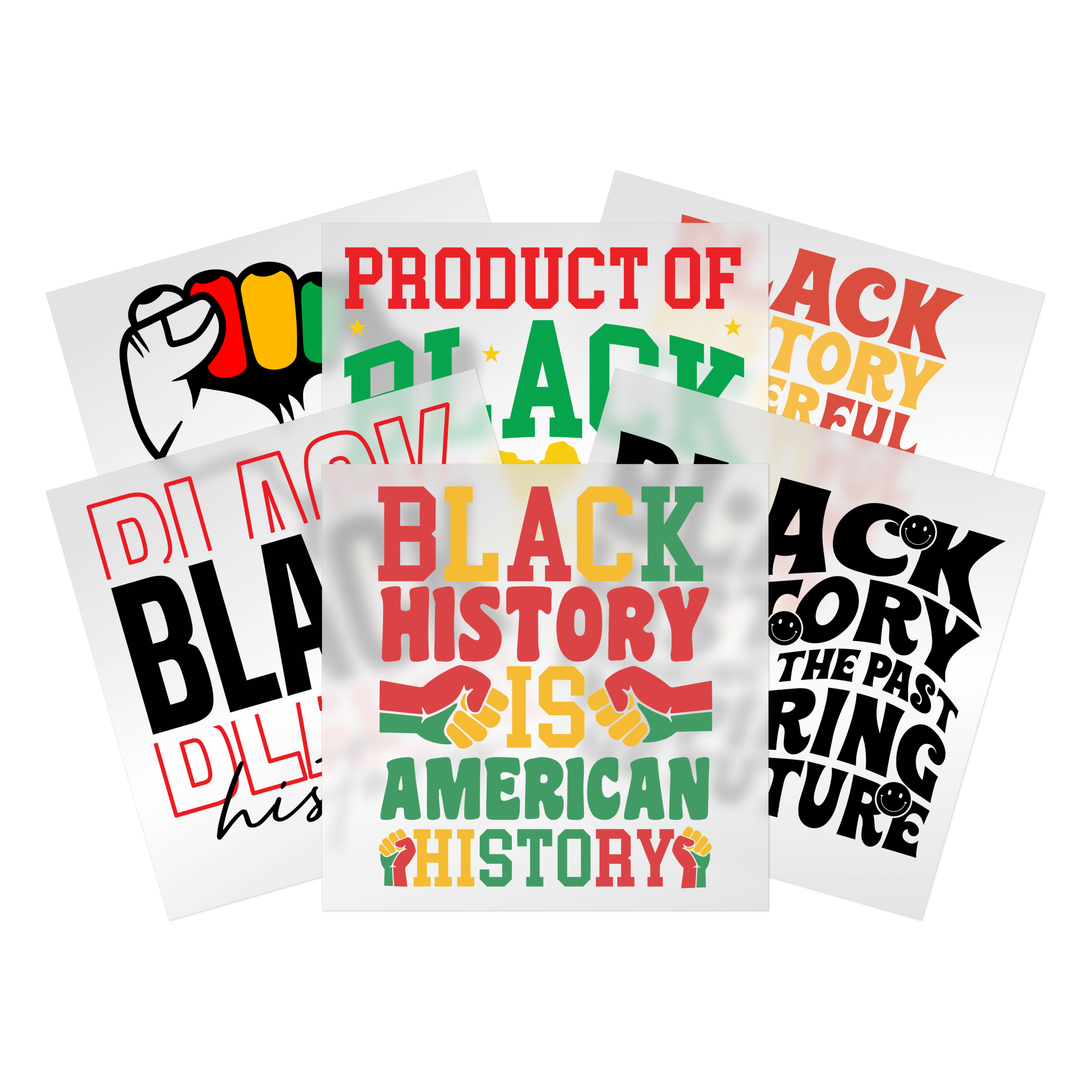 Black History Month DTF transfer collection with empowering text, Pan-African colors - ready to press transfers