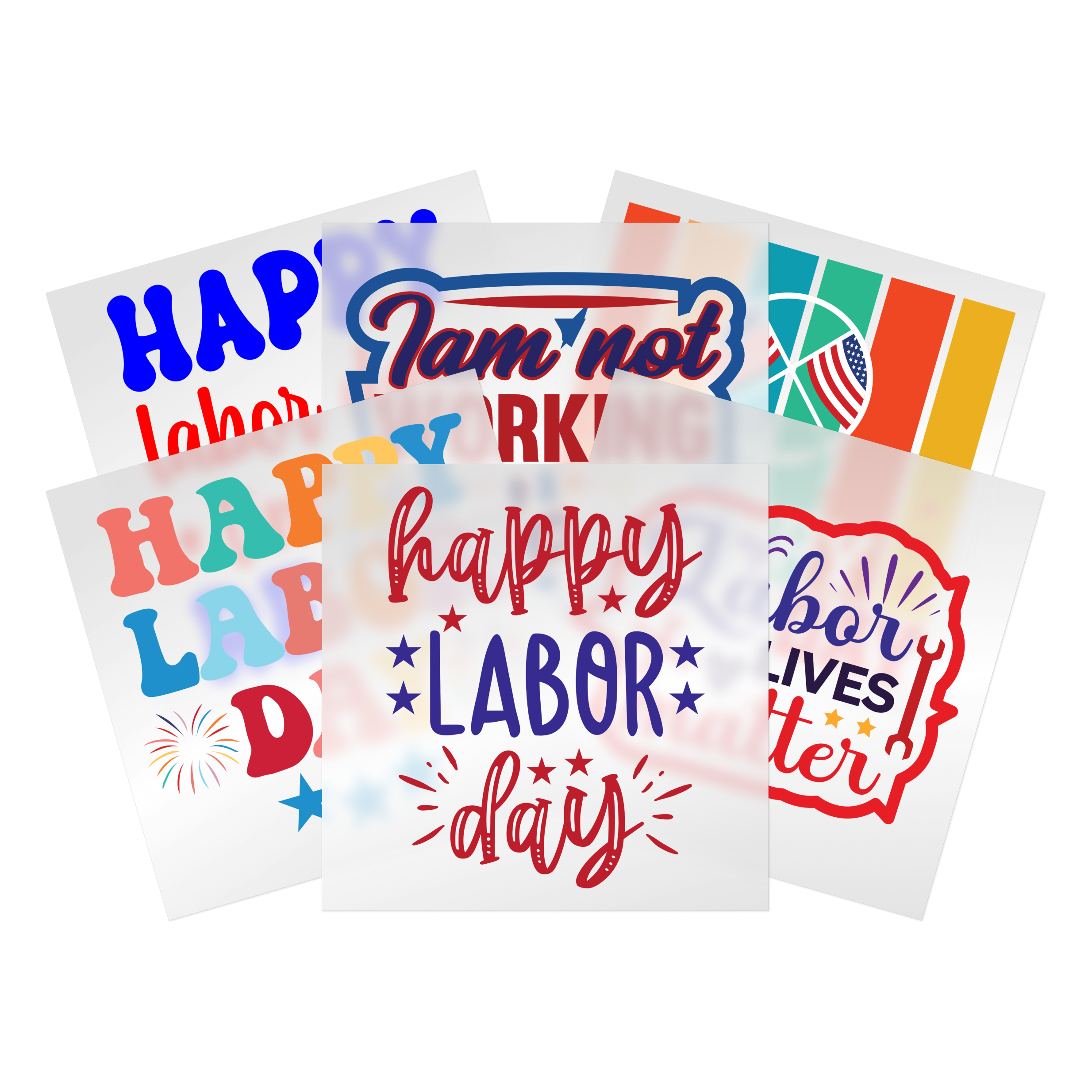 Labor Day DTF transfer collection with Happy Labor Day text, patriotic designs, American flags - ready to press transfers