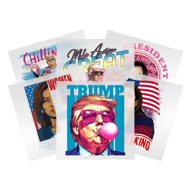 Political DTF transfer collection with Trump, Kamala Harris, Biden designs and patriotic American flag graphics