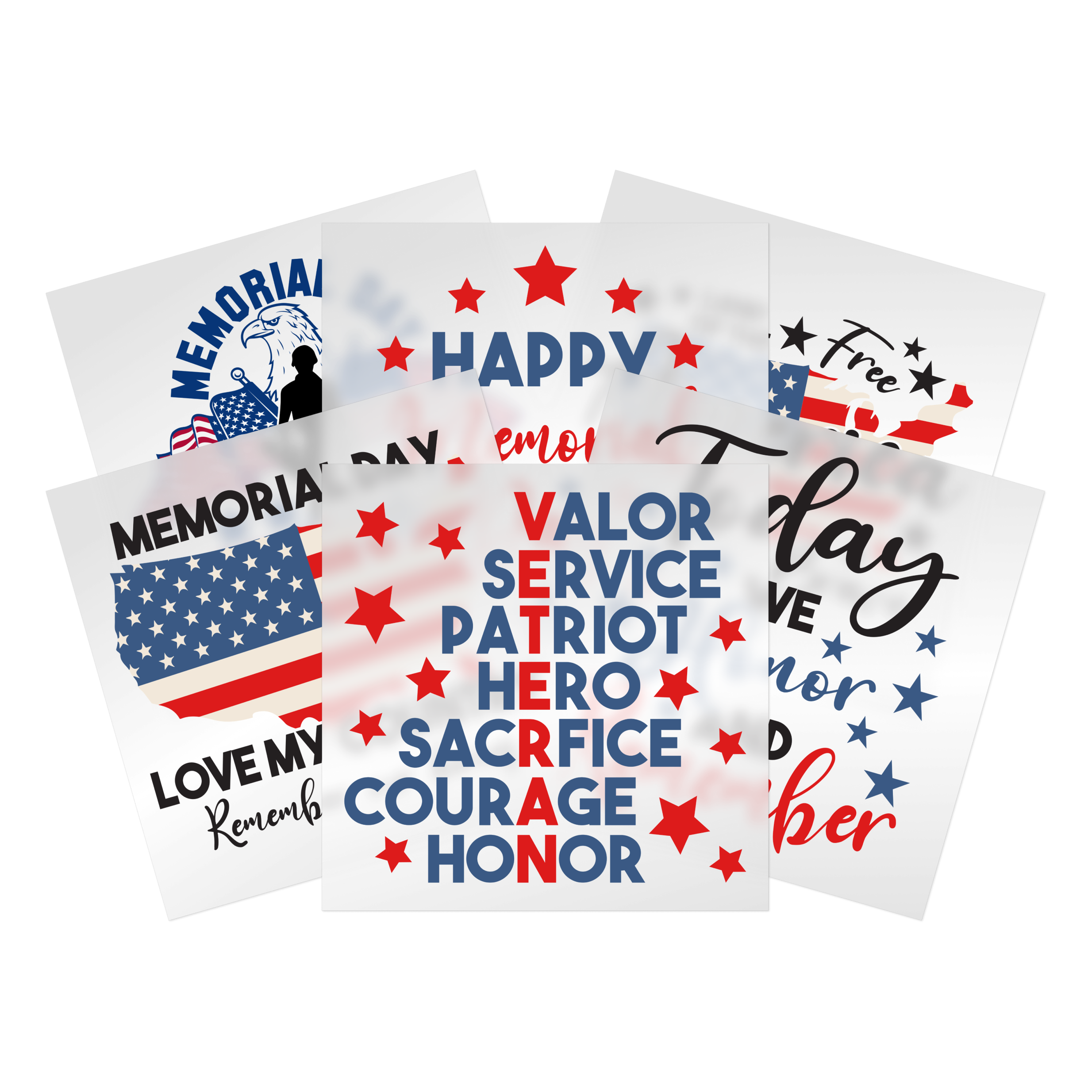 Memorial Day DTF transfer collection with patriotic designs, American flags, honor messaging - ready to press transfers