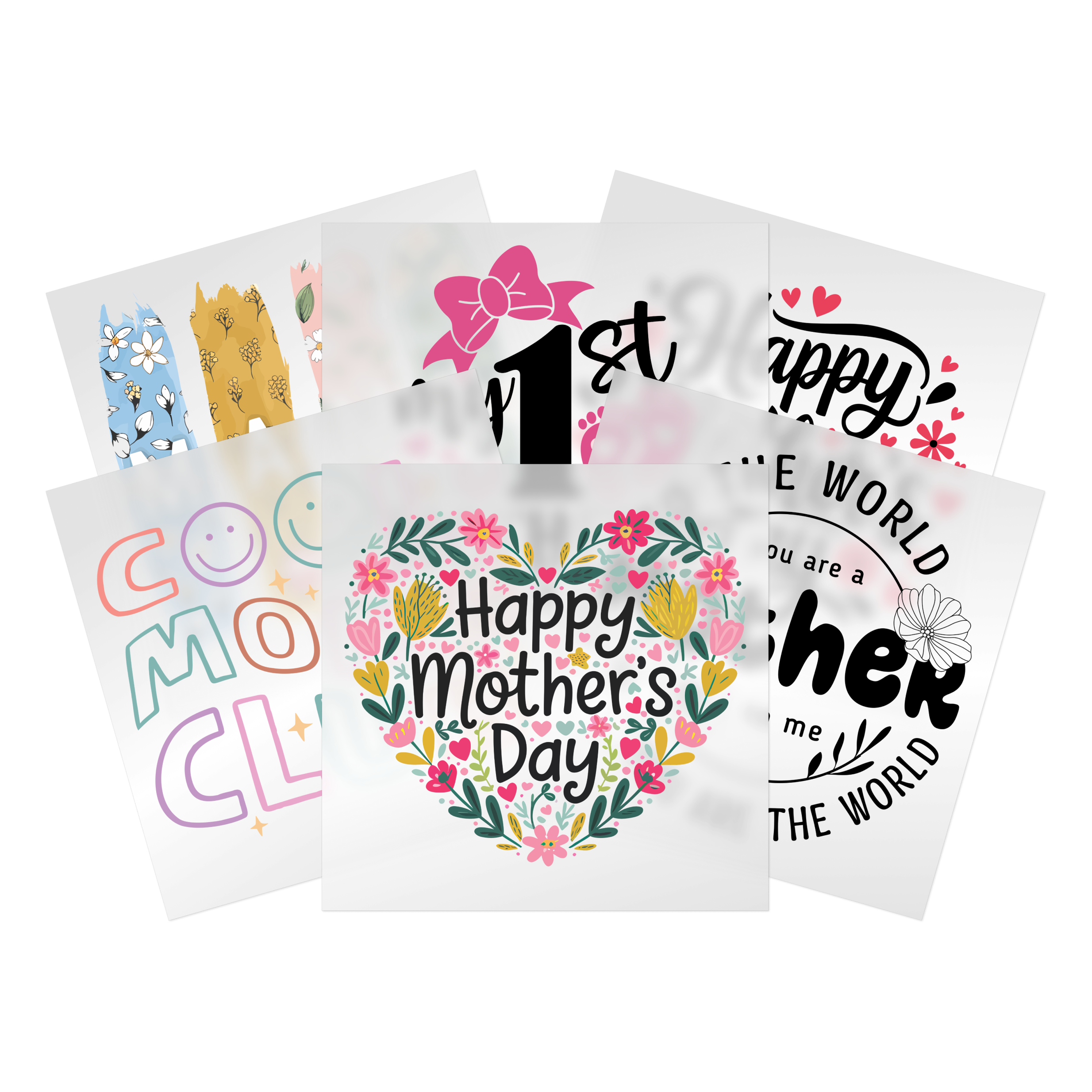Mother's Day DTF transfer collection with Happy Mother's Day text, floral designs, mom messaging - ready to press transfers