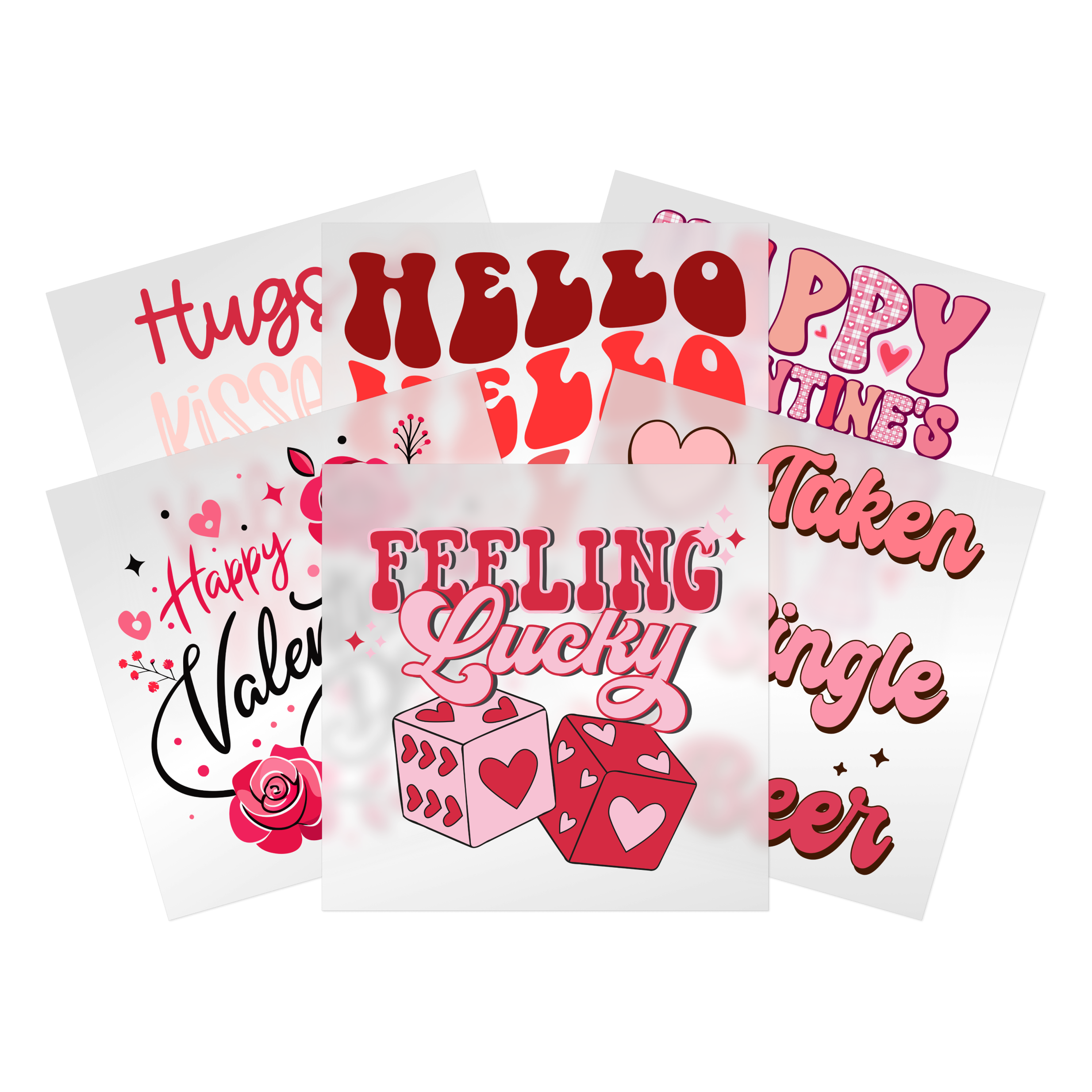 Valentine's Day DTF transfer collection with hearts, love messaging, roses in pink and red colors - ready to press transfers