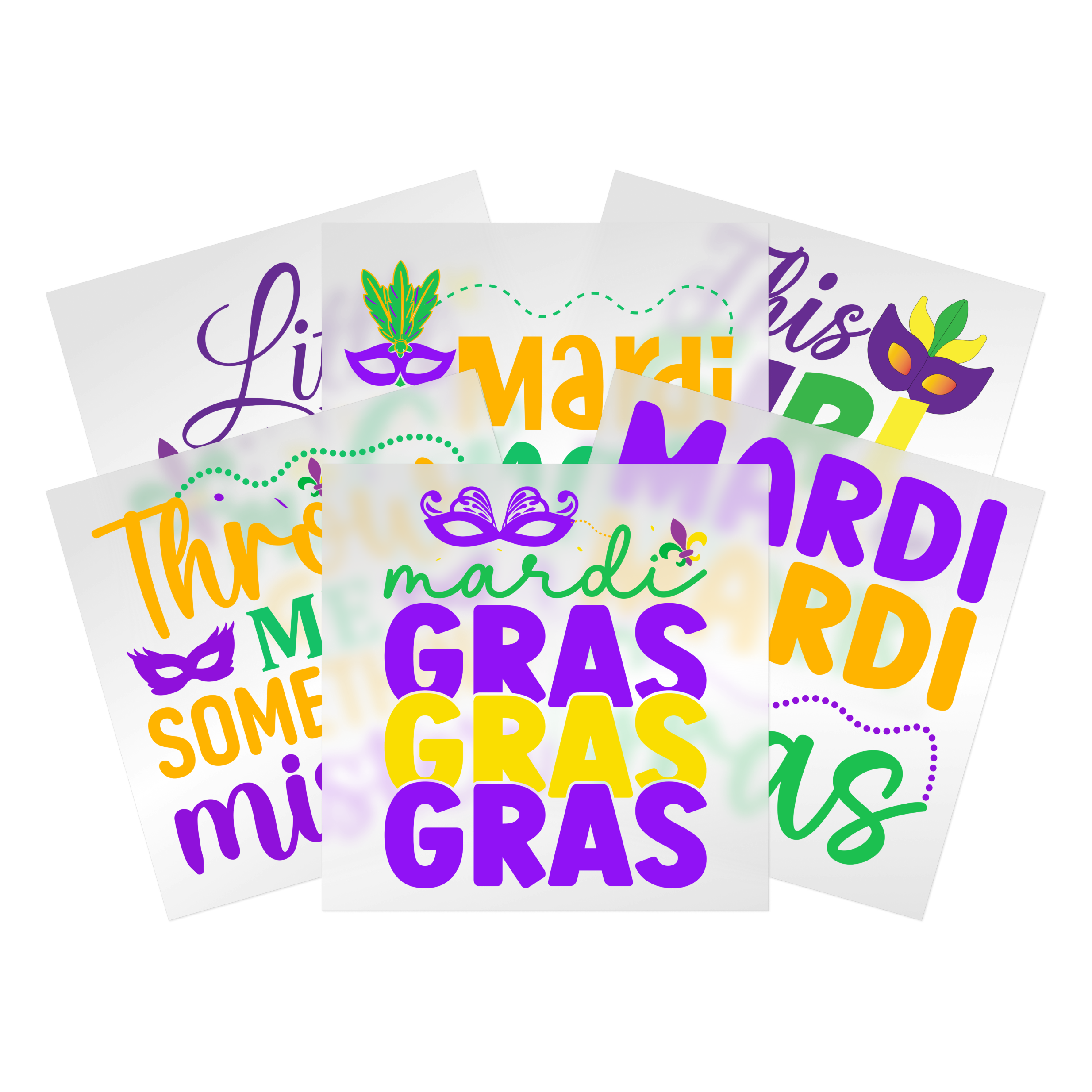 Mardi Gras DTF transfer collection with carnival masks, fleur-de-lis in purple, gold, green - ready to press transfers