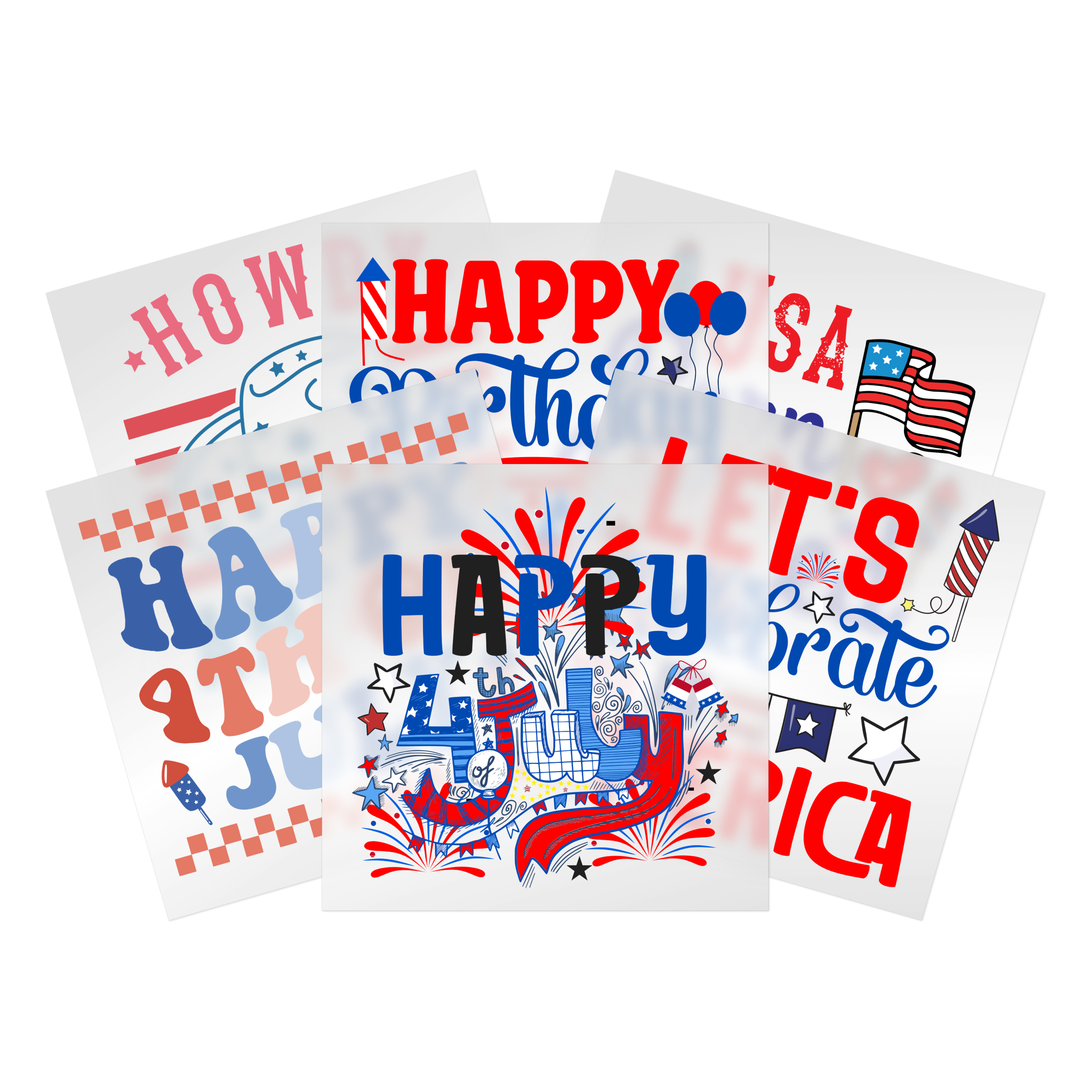 4th of July DTF transfer collection with patriotic designs, American flags, fireworks - ready to press transfers