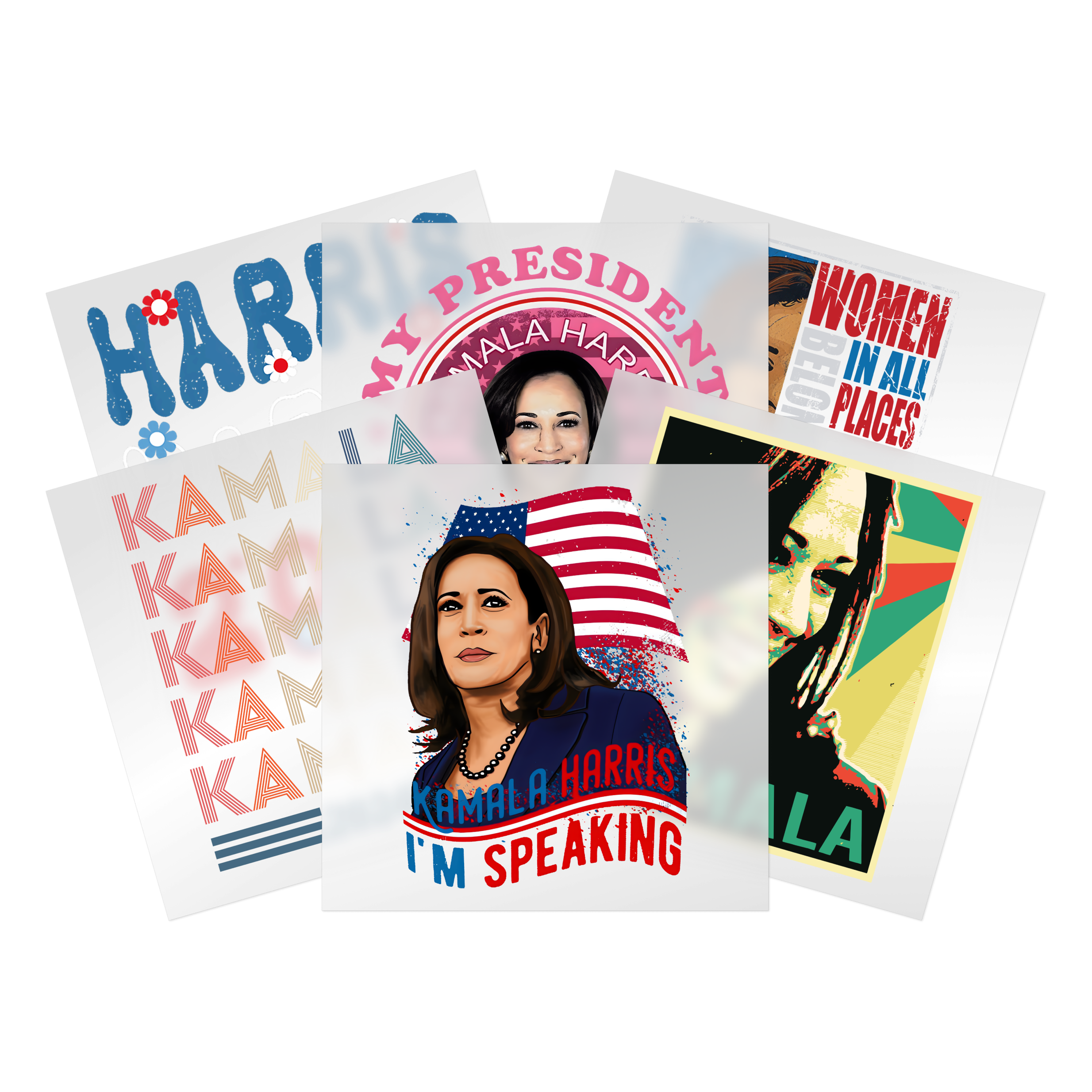 Kamala Harris DTF transfer collection with VP portraits, empowerment messaging, patriotic elements - ready to press transfers